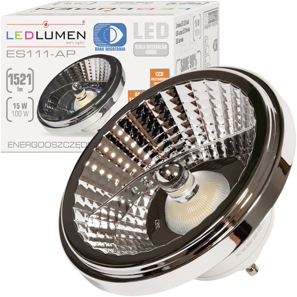 Żarówka LED GU10 AR111 ES111 15W=100W SMD 1521lm CCD 35° Energooszczędna Brak Migotania Neutralna Biała 4000K