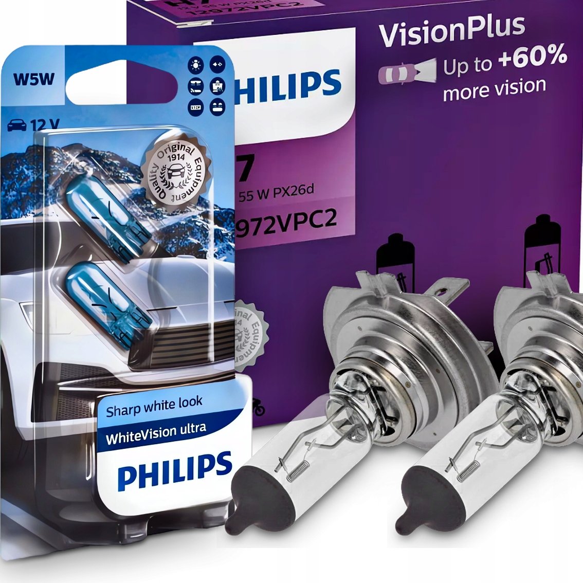 Żarówki H7 Philips Vision Plus 60 12V 60/55W + W5W White Vision Ultra ...