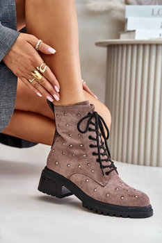 Zdobione Botki Workery Damskie Ocieplane D&A MR880-017 Taupe-38 - S.Barski