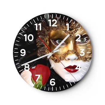 Zegar ścienny - Bo życie to wielki bal - 40x40cm - Maska Róża Czerwone Usta - Okrągły zegar szklany - Nowoczeny Stylowy Zegar do salonu do kuchni - Cichy i Modny zegar - ARTTOR