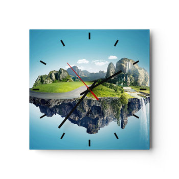 Zegar ścienny - Fantastyczna wyspa - 30x30cm - Fantasy Krajobraz Wodospad - Kwadratowy zegar na szkle - Nowoczeny Stylowy Zegar do salonu do kuchni - Cichy i Modny zegar - ARTTOR