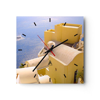 Zegar ścienny - Grecki pejzaż w bieli i błękicie - 40x40cm - Krajobraz Santorini Grecja - Kwadratowy zegar ścienny - Nowoczeny Stylowy Zegar do salonu do kuchni - Cichy i Modny zegar - ARTTOR