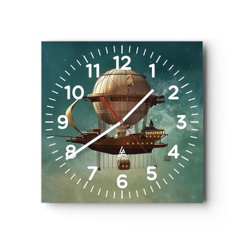 Zegar ścienny - Juliusz Verne pozdrawia - 30x30cm - Retro Podróż Balon - Kwadratowy zegar ścienny - Nowoczeny Stylowy Zegar do salonu do kuchni - Cichy i Modny zegar - ARTTOR