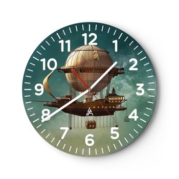 Zegar ścienny - Juliusz Verne pozdrawia - 40x40cm - Retro Podróż Balon - Okrągły zegar szklany - Nowoczeny Stylowy Zegar do salonu do kuchni - Cichy i Modny zegar - ARTTOR