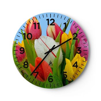 Zegar ścienny - Kwiatowa tęcza w kroplach rosy - 40x40cm - Tulipany Kwiaty Bukiet Kwiatów - Okrągły zegar szklany - Nowoczeny Stylowy Zegar do salonu do kuchni - Cichy i Modny zegar - ARTTOR