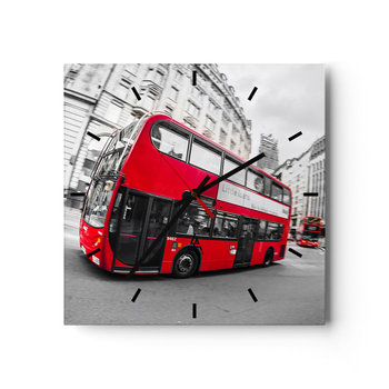 Zegar ścienny - Londyn tradycyjnie - by bus - 30x30cm - Miasto Londyn Czerwony Autobus - Kwadratowy zegar na szkle - Nowoczeny Stylowy Zegar do salonu do kuchni - Cichy i Modny zegar - ARTTOR