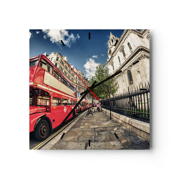 Zegar ścienny - Londyńska ulica w szarości i czerwieni - 40x40cm - Miasto Londyn Czerwony Autobus - Kwadratowy zegar ścienny - Nowoczeny Stylowy Zegar do salonu do kuchni - Cichy i Modny zegar - ARTTOR
