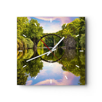 Zegar ścienny - Na styku dwóch światów - 30x30cm - Krajobraz Rzeka Most - Kwadratowy zegar na szkle - Nowoczeny Stylowy Zegar do salonu do kuchni - Cichy i Modny zegar - ARTTOR