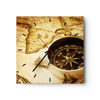 Zegar ścienny - Na wschód czy na zachód? - 40x40cm - Podróże  Mapy Świata Kompas - Kwadratowy zegar ścienny - Nowoczeny Stylowy Zegar do salonu do kuchni - Cichy i Modny zegar - ARTTOR