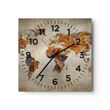 Zegar ścienny - Naprawdę wielki świat - 40x40cm - Mapa Świata Grafika Kontynenty - Kwadratowy zegar szklany - Nowoczeny Stylowy Zegar do salonu do kuchni - Cichy i Modny zegar - ARTTOR