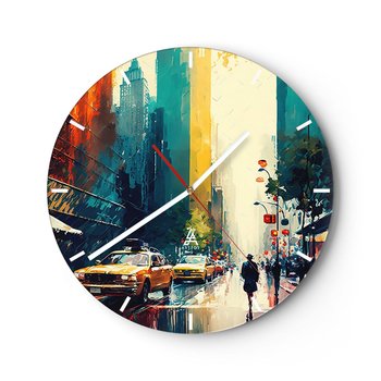 Zegar ścienny - Nowy Jork – tu nawet deszcz jest kolorowy - 40x40cm - Sztuka Pejzaż Miasto - Okrągły zegar ścienny - Nowoczeny Stylowy Zegar do salonu do kuchni - Cichy i Modny zegar - ARTTOR