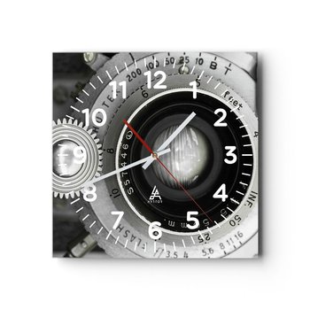 Zegar ścienny - Opowieść o Hollywood - 40x40cm - Aparat Fotograficzny Czarno-Biały Vintage - Kwadratowy zegar szklany - Nowoczeny Stylowy Zegar do salonu do kuchni - Cichy i Modny zegar - ARTTOR