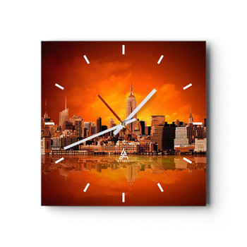 Zegar ścienny - Panorama wielkomiejska w żólci i brązie - 30x30cm - Nowy Jork Architektura Miasto - Kwadratowy zegar na szkle - Nowoczeny Stylowy Zegar do salonu do kuchni - Cichy i Modny zegar - ARTTOR