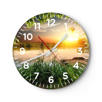 Zegar ścienny - Pejzaż w zielonej ramie - 30x30cm - Krajobraz Jezioro Drewniany Pomost - Okrągły zegar ścienny - Nowoczeny Stylowy Zegar do salonu do kuchni - Cichy i Modny zegar - ARTTOR