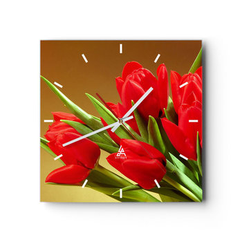 Zegar ścienny - Pęk wiosennej radości - 30x30cm - Kwiaty Tulipany Bukiet Kwiatów - Kwadratowy zegar na szkle - Nowoczeny Stylowy Zegar do salonu do kuchni - Cichy i Modny zegar - ARTTOR