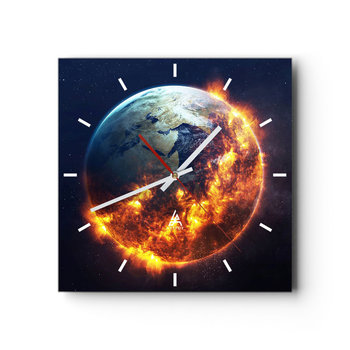 Zegar ścienny - Płomień apokalipsy - 40x40cm - Kosmos Planeta Ziemia Płomienie Ognia - Kwadratowy zegar ścienny - Nowoczeny Stylowy Zegar do salonu do kuchni - Cichy i Modny zegar - ARTTOR