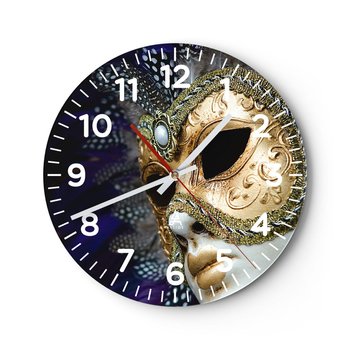 Zegar ścienny - Portret wenecki w złocie - 40x40cm - Maska Sztuka Wenecja - Okrągły zegar szklany - Nowoczeny Stylowy Zegar do salonu do kuchni - Cichy i Modny zegar - ARTTOR