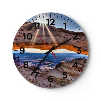 Zegar ścienny - Przez skalną bramę - 40x40cm - Krajobraz Kanion Słońce - Okrągły zegar szklany - Nowoczeny Stylowy Zegar do salonu do kuchni - Cichy i Modny zegar - ARTTOR