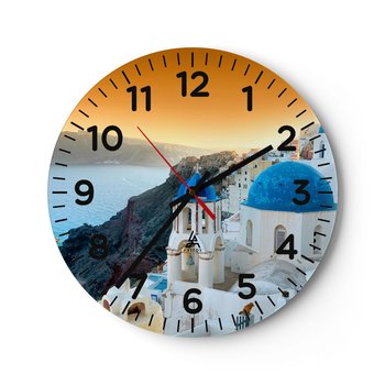 Zegar ścienny - Santorini - przytulone do skał - 40x40cm - Krajobraz Grecja Santorini - Okrągły zegar szklany - Nowoczeny Stylowy Zegar do salonu do kuchni - Cichy i Modny zegar - ARTTOR