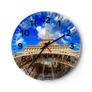 Zegar ścienny - Sięgając nieba i chmur - 40x40cm - Miasto Paryż Wieża Eiffla - Okrągły zegar szklany - Nowoczeny Stylowy Zegar do salonu do kuchni - Cichy i Modny zegar - ARTTOR