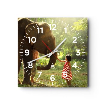 Zegar ścienny - Siła przyjaźni - 40x40cm - Zwierzęta Słoń Dziewczynka - Kwadratowy zegar szklany - Nowoczeny Stylowy Zegar do salonu do kuchni - Cichy i Modny zegar - ARTTOR
