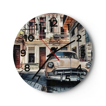 Zegar ścienny - Sjesta w Hawanie - 40x40cm - Samochód Vintage Architektura Miasto - Okrągły zegar szklany - Nowoczeny Stylowy Zegar do salonu do kuchni - Cichy i Modny zegar - ARTTOR