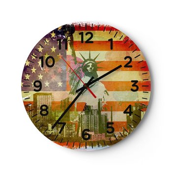 Zegar ścienny - Viva America! - 40x40cm - Nowy Jork Usa Statua Wolności - Okrągły zegar szklany - Nowoczeny Stylowy Zegar do salonu do kuchni - Cichy i Modny zegar - ARTTOR