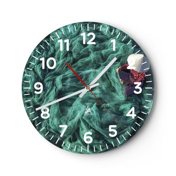 Zegar ścienny - W morzu sieci - 40x40cm - Sieć Rybacka Kobieta Wietnam - Okrągły zegar szklany - Nowoczeny Stylowy Zegar do salonu do kuchni - Cichy i Modny zegar - ARTTOR