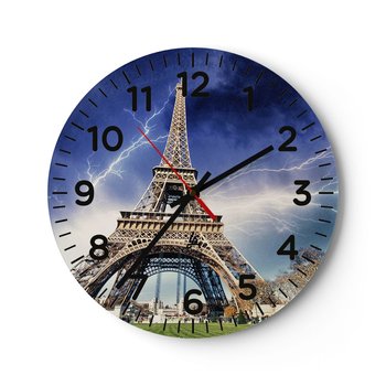 Zegar ścienny - Władczyni burz - 40x40cm - Miasto Paryż Wieża Eiffla - Okrągły zegar szklany - Nowoczeny Stylowy Zegar do salonu do kuchni - Cichy i Modny zegar - ARTTOR