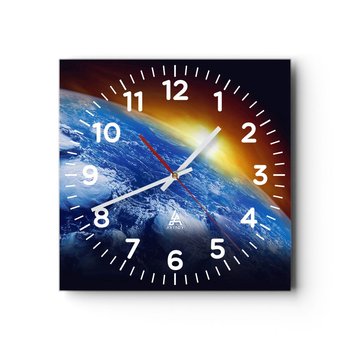 Zegar ścienny - Wschód słońca nad błękitną planetą - 40x40cm - Abstrakcja 3D Kosmos - Kwadratowy zegar szklany - Nowoczeny Stylowy Zegar do salonu do kuchni - Cichy i Modny zegar - ARTTOR