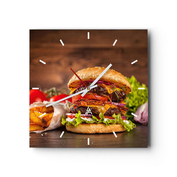 Zegar ścienny - Zakazany owoc - 30x30cm - Gastronomia Hamburger Burger - Kwadratowy zegar na szkle - Nowoczeny Stylowy Zegar do salonu do kuchni - Cichy i Modny zegar - ARTTOR