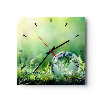 Zegar ścienny - Zielona planeta - 30x30cm - Abstrakcja Paproć Natura - Kwadratowy zegar na szkle - Nowoczeny Stylowy Zegar do salonu do kuchni - Cichy i Modny zegar - ARTTOR