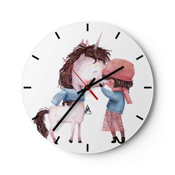 Zegar ścienny - Zimowa opowieść - 30x30cm - Dla Dzieci Jednorożec Dziewczynka - Okrągły zegar na szkle - Nowoczeny Stylowy Zegar do salonu do kuchni - Cichy i Modny zegar - ARTTOR