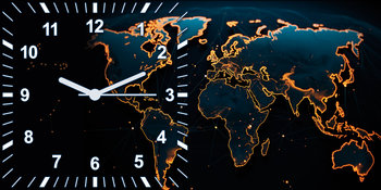 Zegar szklany na ścianę duży mapa świata podróże czarny do salonu 60x30 cm - Szklany zegar ścienny