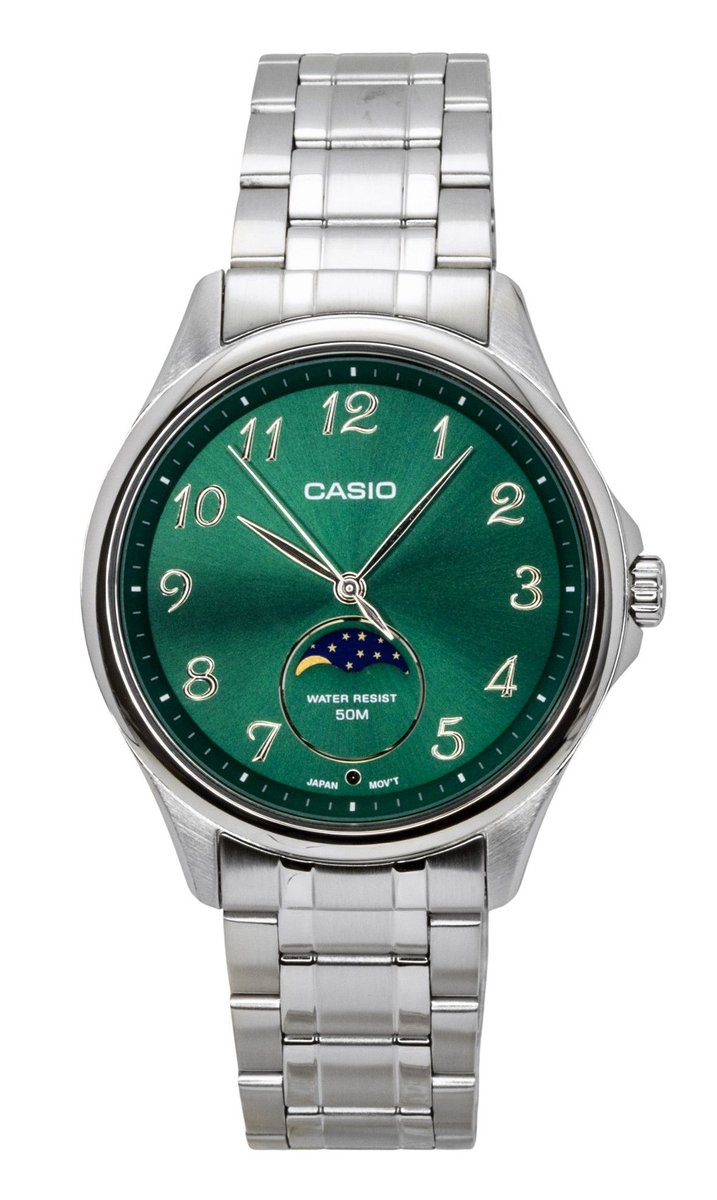 Casio Zegarek Casio Standard Analog Moon Phase Stainless Steel Green Dial Quartz MTP-M110D-3AV Men's Watch