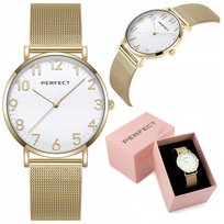 ZEGAREK DAMSKI PERFECT ZEFRA +BOX +GRAWER CYFRY bransoletka mesh złoty PERFECT
