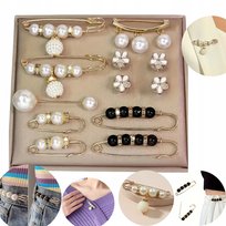 ZESTAW 12 OZDOBNYCH BROSZEK / PRZYPINEK DEKORACYJNYCH PERŁY KWIATY ZŁOTE