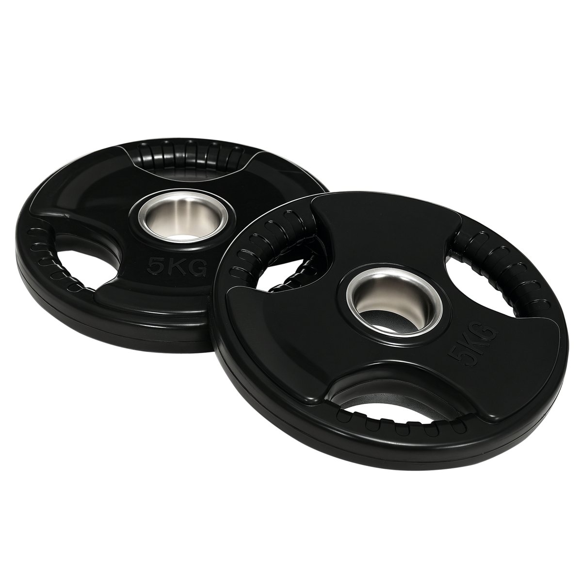 Zestaw 2 ciężarków SPORTNOW, gumowane obciążenia olimpijskie Tri-Grip 2 x 5 kg, bezpieczne do kładzenia na podłodze, z otworem 5 cm, trzy