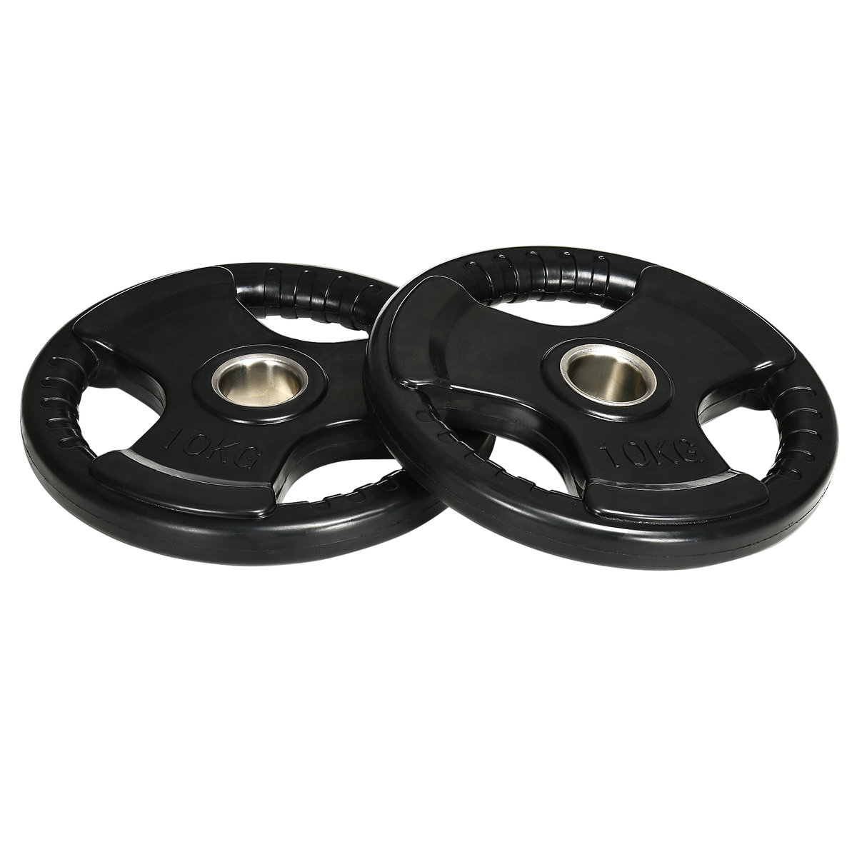 Zestaw 2 ciężarków SPORTNOW, Tri-Grip, 2 gumowane obciążenia olimpijskie po 10 kg, bezpieczne do położenia na podłodze, z otworem 5 cm, trzy