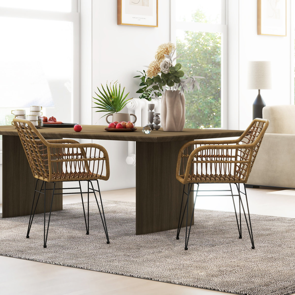 Zestaw 2 Krzeseł w Stylu Boho, Krzesła Kuchenne, PE-Rattan, 56 x 60 x 79 cm, Naturalny + Czarny