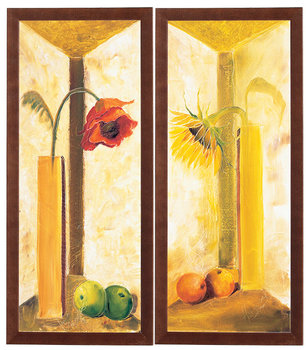 Zestaw 2 obrazów w drewnianej ramie, 20x50 cm- Słonecznik i mak z jabłkami - Postergaleria