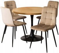 Zestaw 4 Tapicerowane Beżowe Krzesła Welur i Stół Okrągły 100 CM Do Salonu