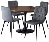 Zestaw 4 Tapicerowane Szare Krzesła Welur i Stół Okrągły 100 CM Do Salonu