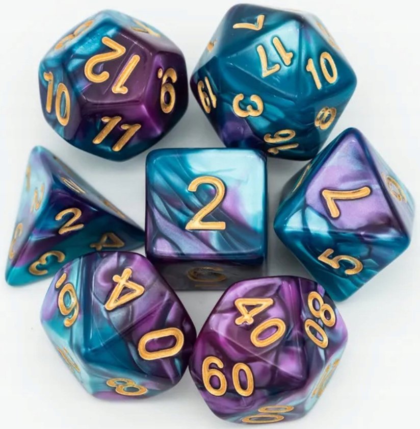 Zestaw 7 Kości Niebieskie Fioletowe D4-20 K20 RPG D&D MTG Dungeons Dragons