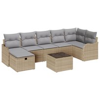 Zestaw 8-częściowy sofa ogrodowa z poduszkami beżowa poli rattan, Sofa ogrodowa 2-osobowa z poduszkami beżowa poli rattan
