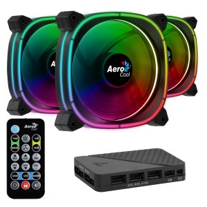 Zestaw Aerocool Astro 12 Pro – 3 wentylatory ARGB 120 mm, 1 x koncentrator H66F RGB, oświetlenie Omni ARGB i 18 diod LED, zawiera złącze 6-pinowe, pilot zdalnego sterowania, zakrzywione ostrza i podk - Aerocool
