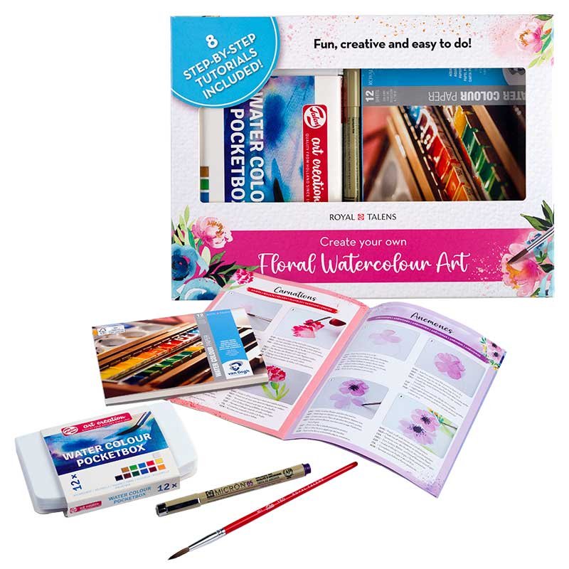 Talens Royal Floral – Kit Aquarelle Débutant Avec 12 Couleurs, Papier Van Gogh A6, Fineliner Sakura Et Pinceau – Cadeau Créatif