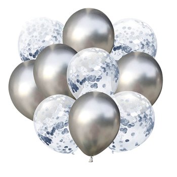 Zestaw balonów chrom, srebrne z konfetti - PartyPal