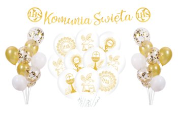 Zestaw balonów na Komunię Świętą biało złoty Gołąbek Balony Dekoracje IHS Kielich - Szafran Limited