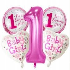 Zestaw balonów na roczek, "1 Bday Girl" - Miś Gustaw
